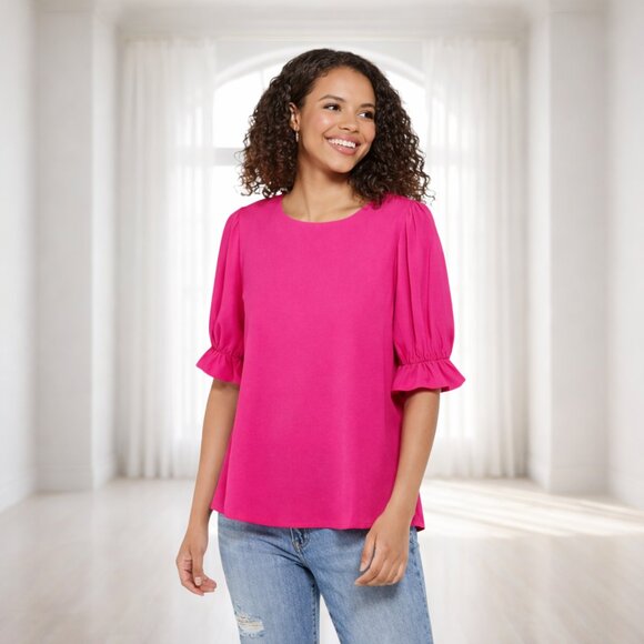 Marled by Reunited Clothing Tops - Marled Reunited Clothing Hot Pink Blouse Medium Fuchsia Puff Sleeve Keyhole Top